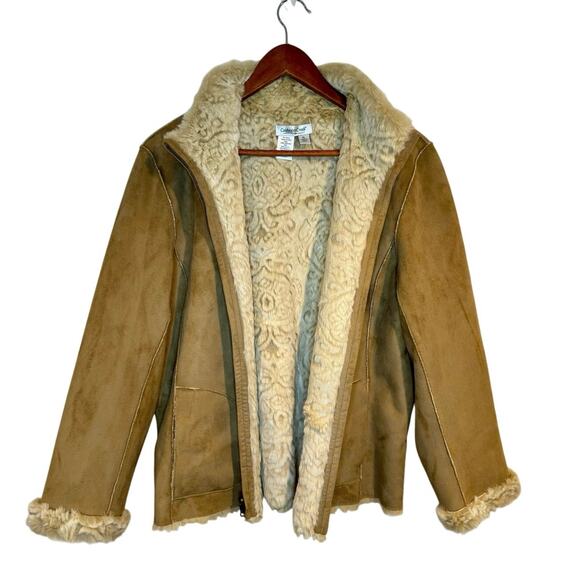 Y2K Boho Faux Shearling Suede Tan Zip-Up Cozy Curly Fleece Lining Jacket PL - Picture 2 of 8
